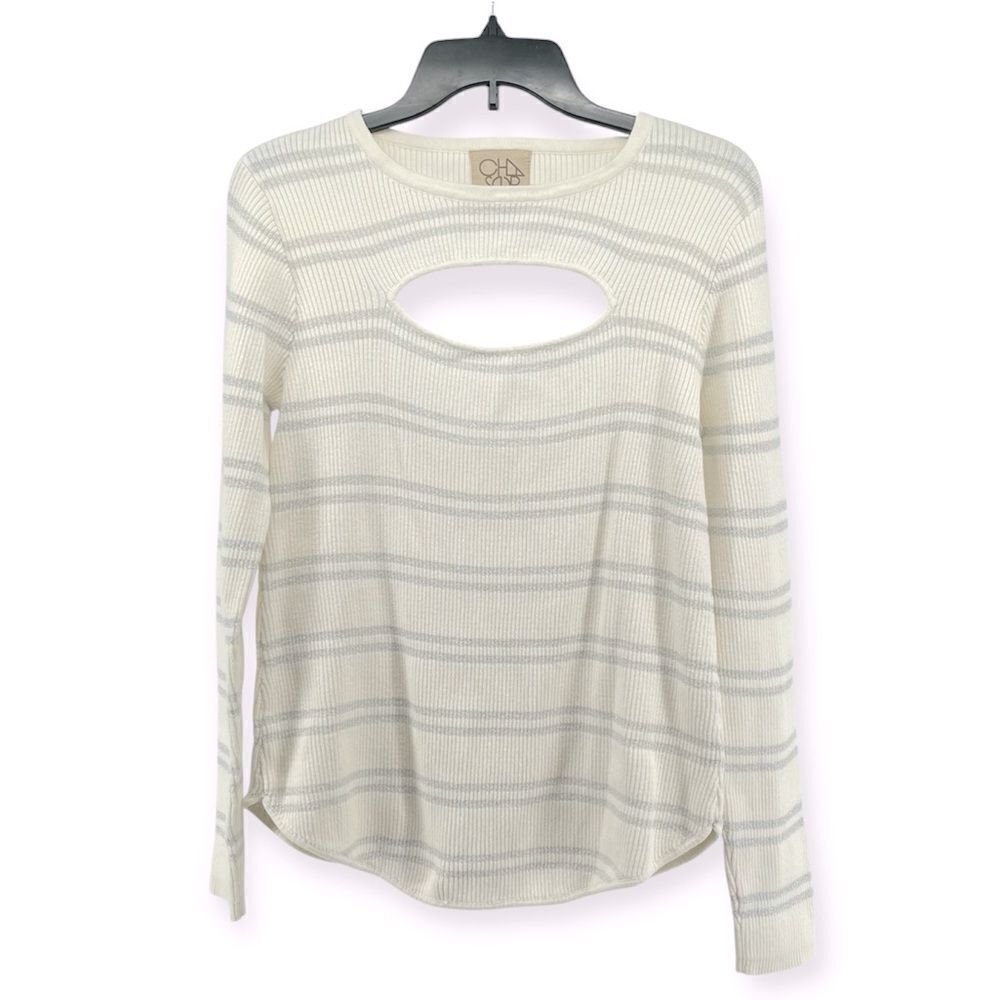 Chaser Women’s White Metallic Silver Striped Cotton Cutout Ribbed Sweater Medium